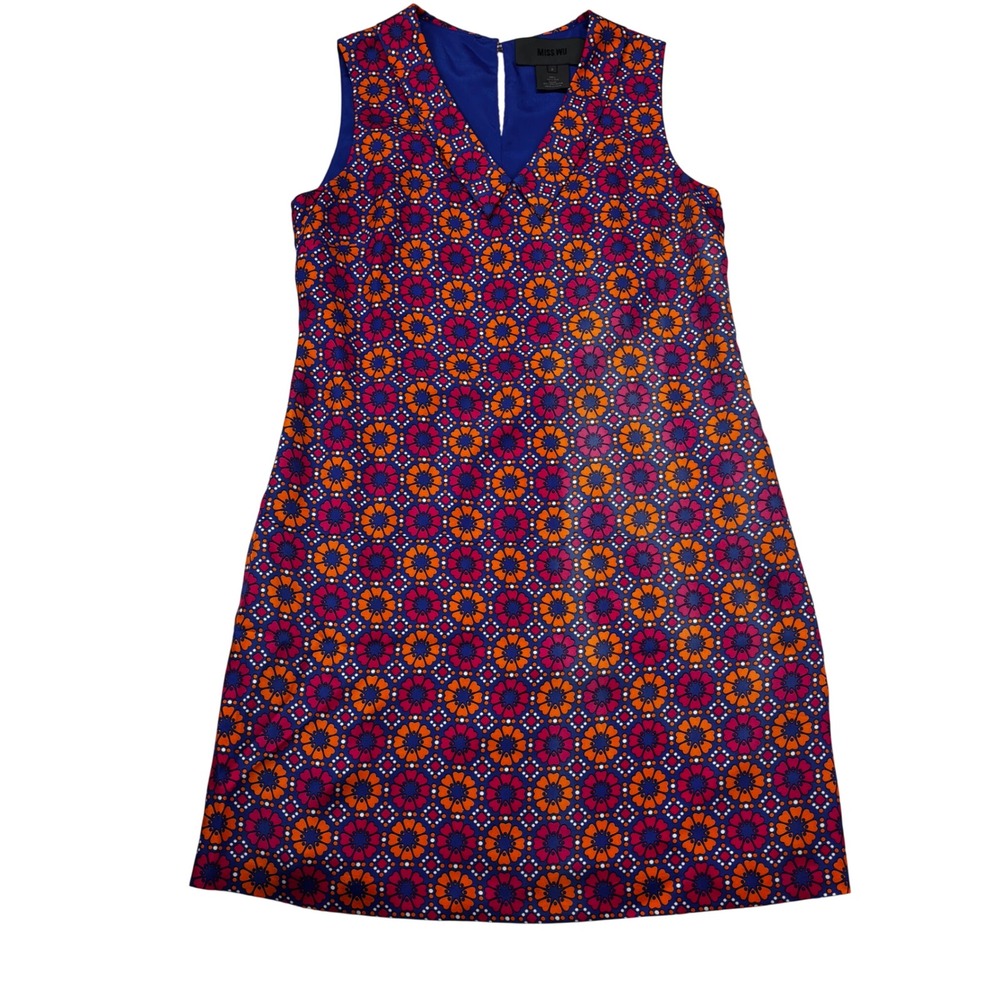 Miss Wu Silk Shift Dress Womens 2 Multicolor Floral Medallion V-Neck WU276774